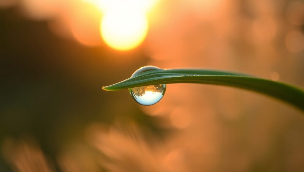 Dewdrop Reflections at Sunset – free AI stock image