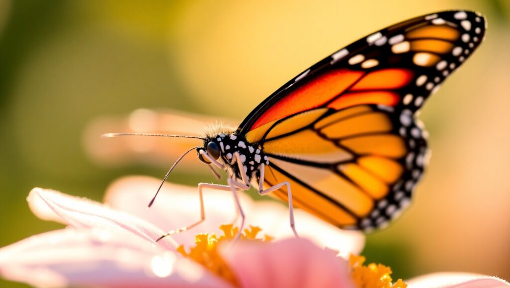 Dewy Butterfly at Sunrise – free AI stock image