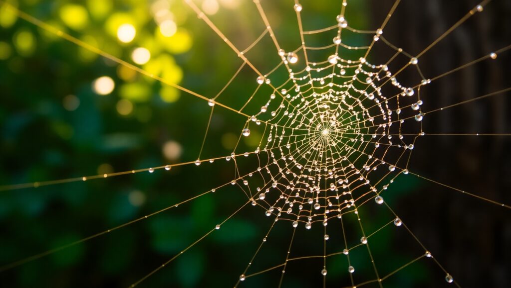 Dewy Spider Web in Morning Light – free AI stock image
