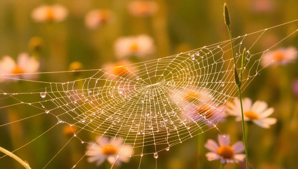 Dewy Spider Web in Morning Light – free AI stock image