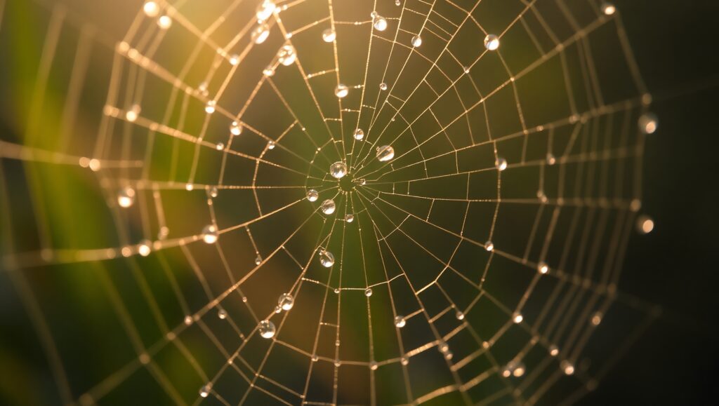 Dewy Spider Web in Morning Light – free AI stock image