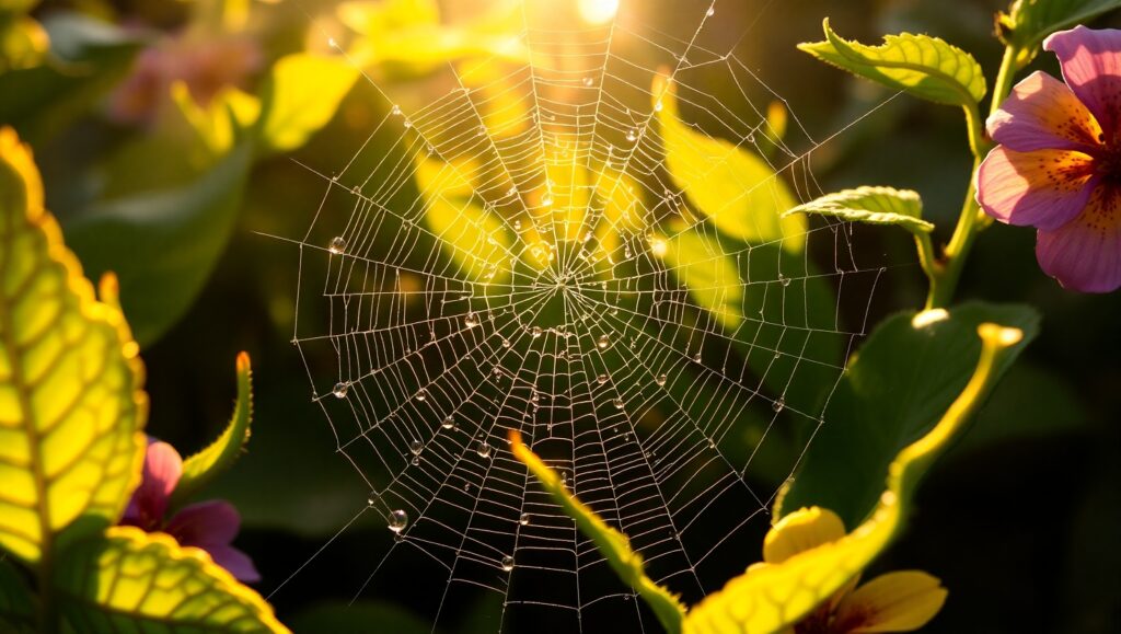 Dewy Spider Web in Nature – free AI stock image
