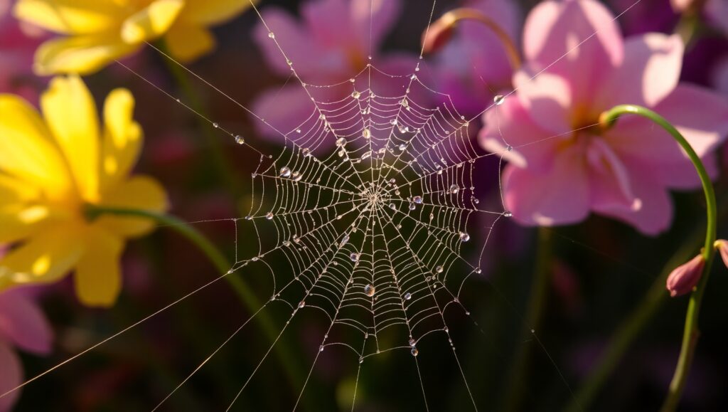 Dewy Spiderwebs at Sunrise – free AI stock image
