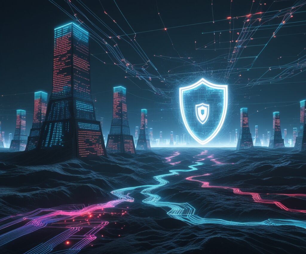 Digital Fortress in a Virtual Landscape – free AI stock image