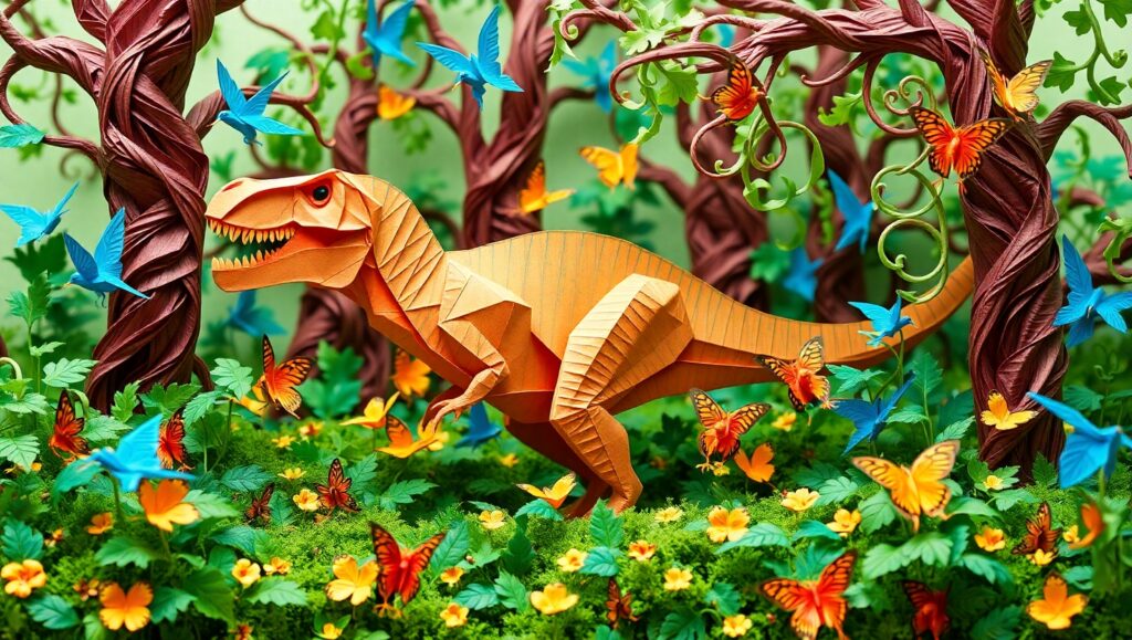 Dinosaur in a Paper Jungle – free AI stock image