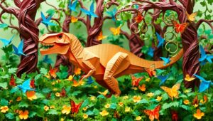 Dinosaur in a Paper Jungle – free AI stock image