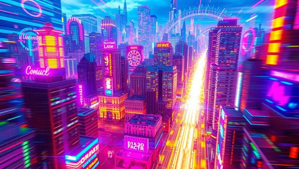 Distorted Neon Cityscape in Glitch – free AI stock image