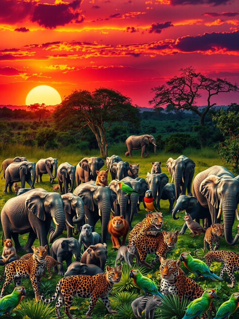 Diverse Animal Kingdom Under a Vibrant Sunset – free AI stock image
