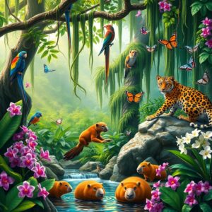 Diverse Animals in a Vibrant Jungle Scene – free AI stock image