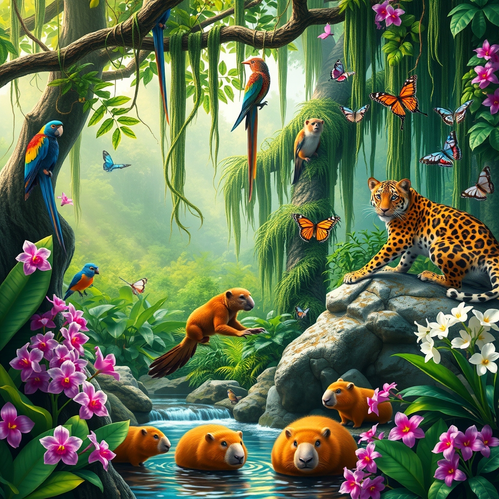 Diverse Animals in a Vibrant Jungle Scene – free AI stock image