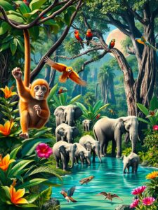Diverse Animals in a Vibrant Jungle Scene – free AI stock image