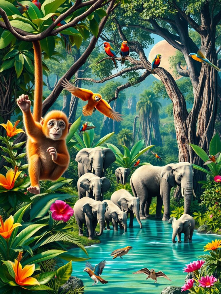 Diverse Animals in a Vibrant Jungle Scene – free AI stock image