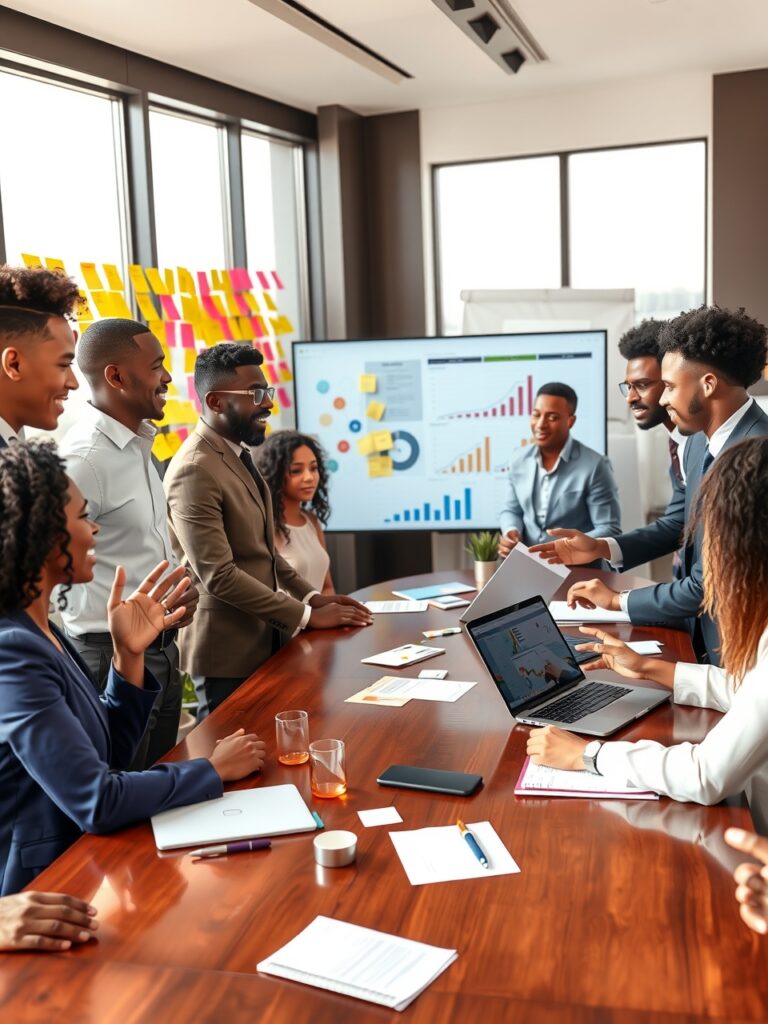 Diverse Business Team Collaborating on Strategy – free AI stock image