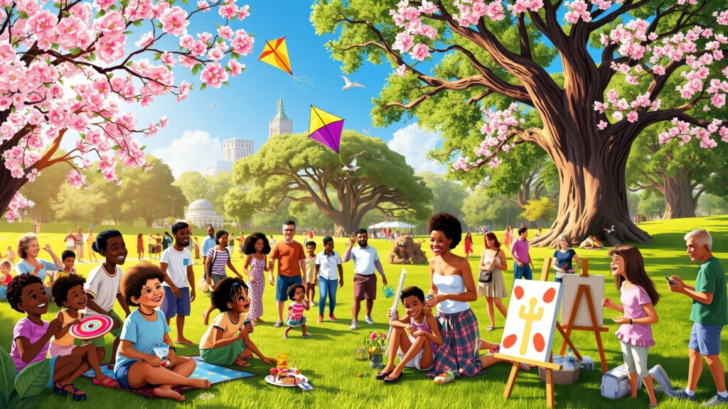 Diverse Community Gathering in a City Park image – free AI stock image