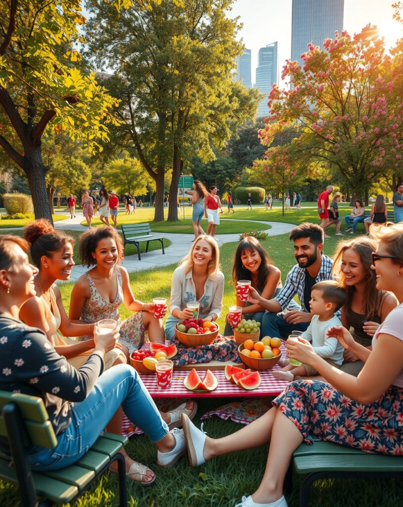Diverse Gatherings of Friends in City Park – free AI stock image