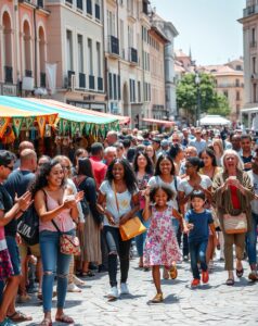 Diverse People in a Vibrant City Square – free AI stock image