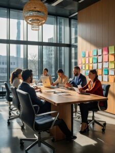 Diverse Team Collaborating in Modern Office Space – free AI stock image