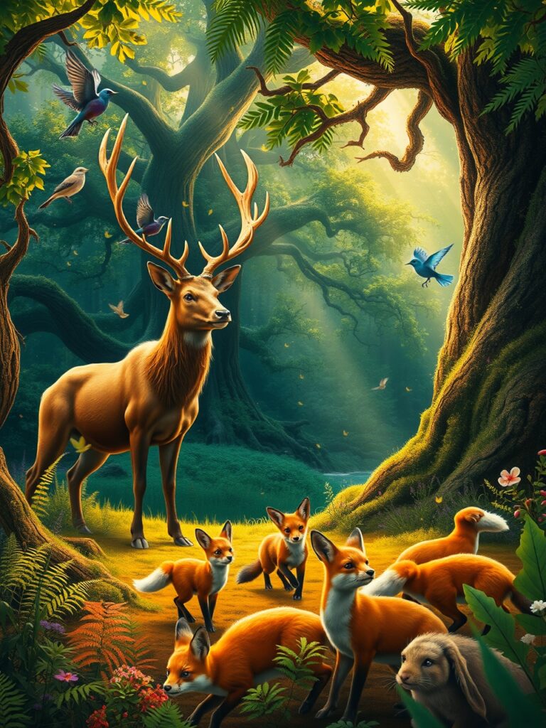 Diverse Wildlife in a Vibrant Forest – free AI stock image