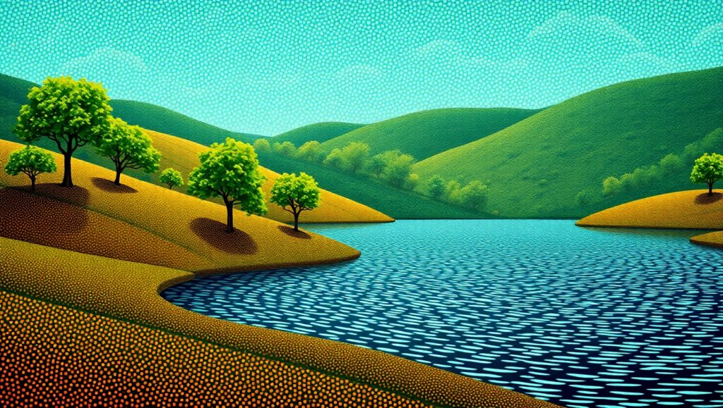 Dotted Serenity by the Lake – free AI stock image