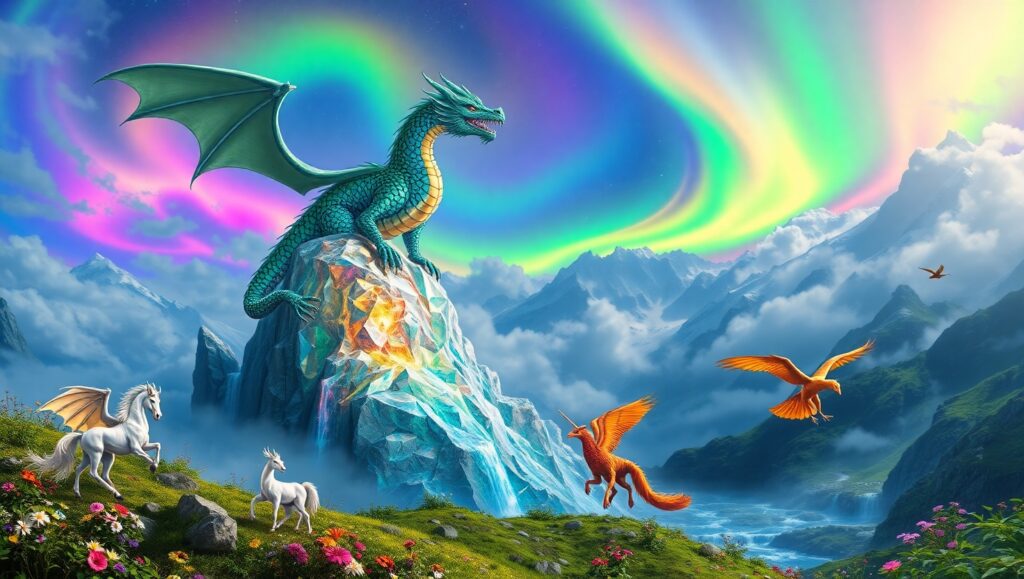 Dragon Above Crystal Mountains – free AI stock image