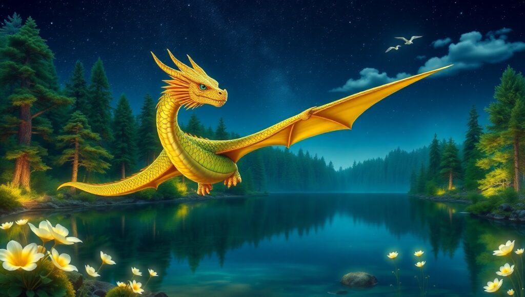 Dragon Above Enchanted Lake – free AI stock image