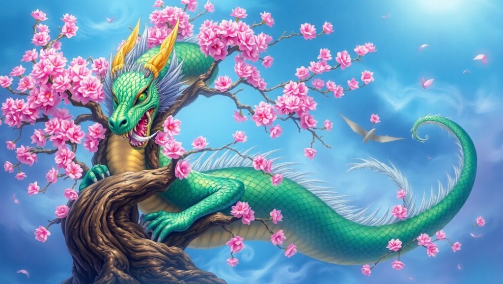 Dragon and Cherry Blossom Tattoo Design – free AI stock image
