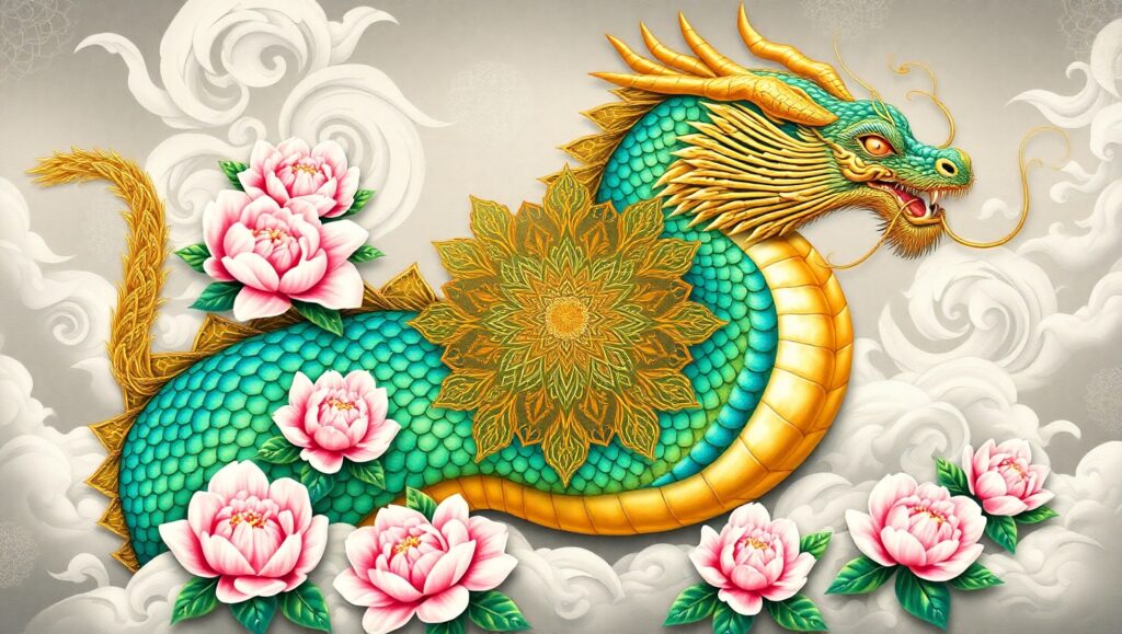 Dragon and Peonies Tattoo Design – free AI stock image