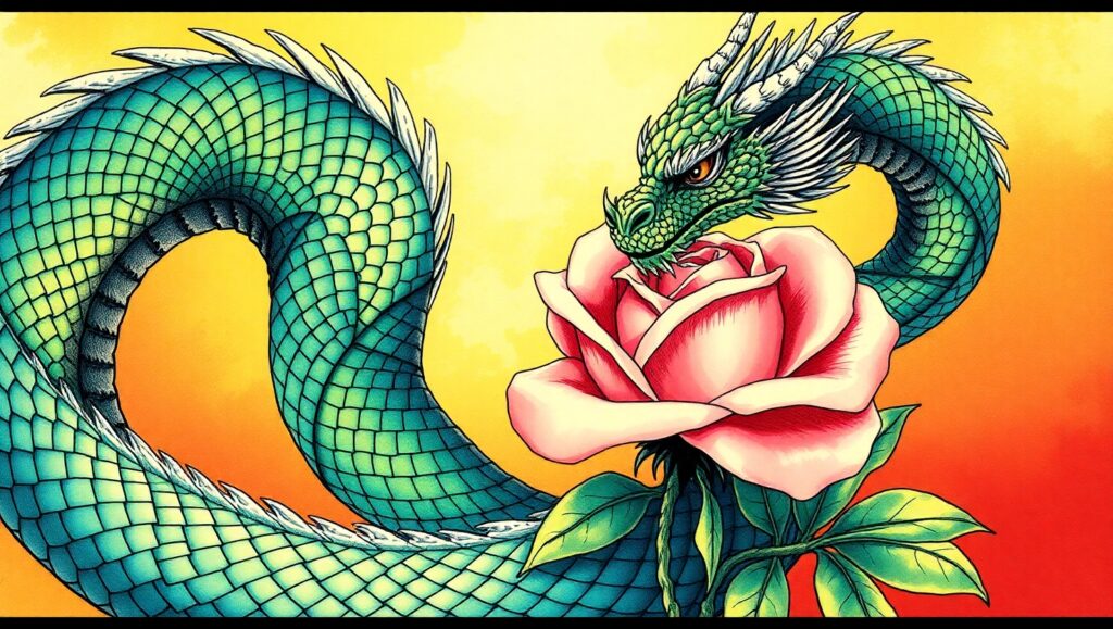 Dragon and Rose Tattoo Design – free AI stock image