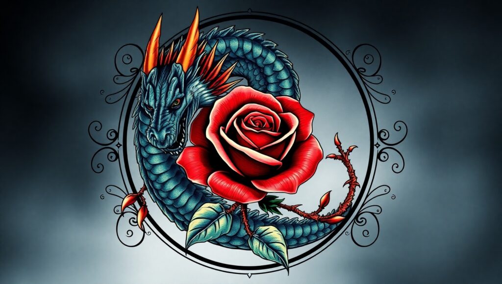 Dragon and Rose Tattoo Design – free AI stock image