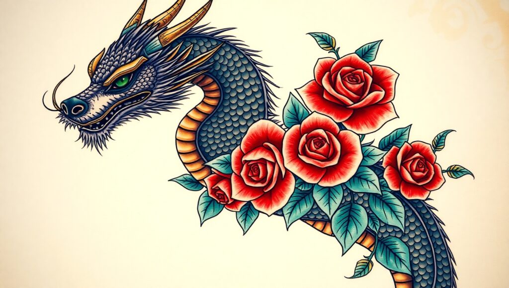 Dragon and Roses Tattoo Design – free AI stock image