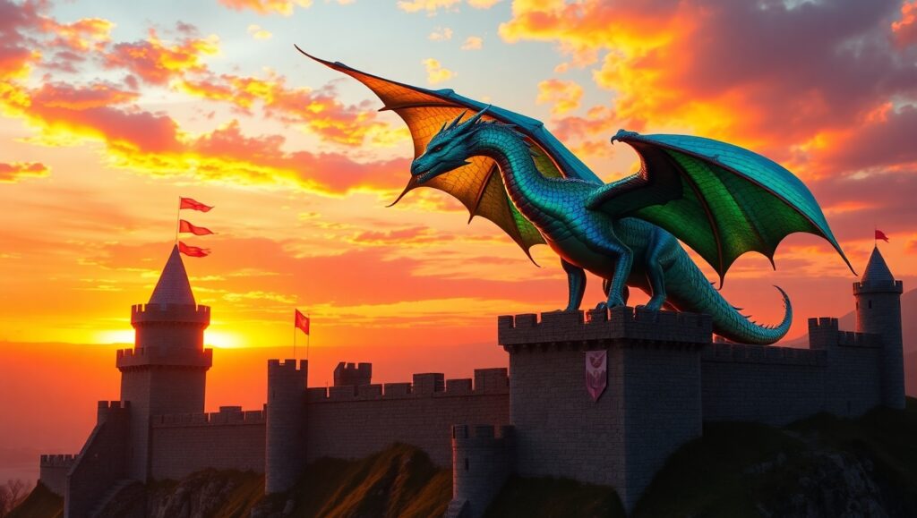 Dragon Over Ancient Castle – free AI stock image