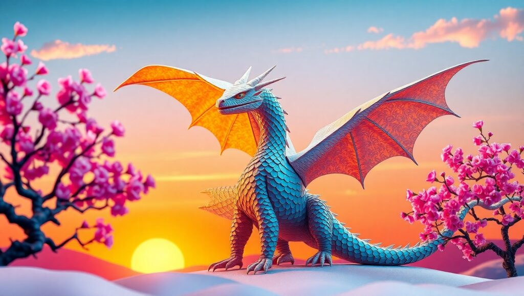 Dragon Over Blossoms: An Origami Fantasy – free AI stock image