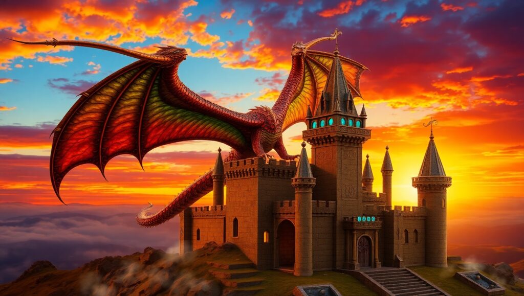 Dragon Over Bronze Castle – free AI stock image