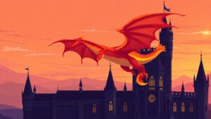 Dragon Over Castle at Sunset – free AI stock image