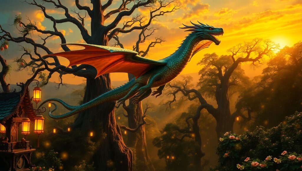 Dragon Over Enchanted Forest at Dusk – free AI stock image