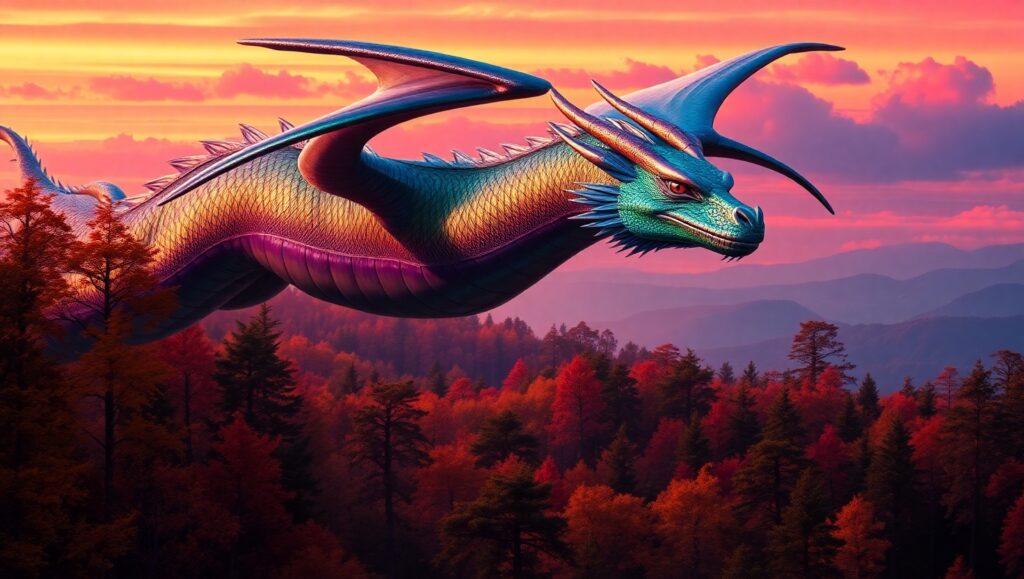 Dragon Over Enchanted Forest at Sunset – free AI stock image