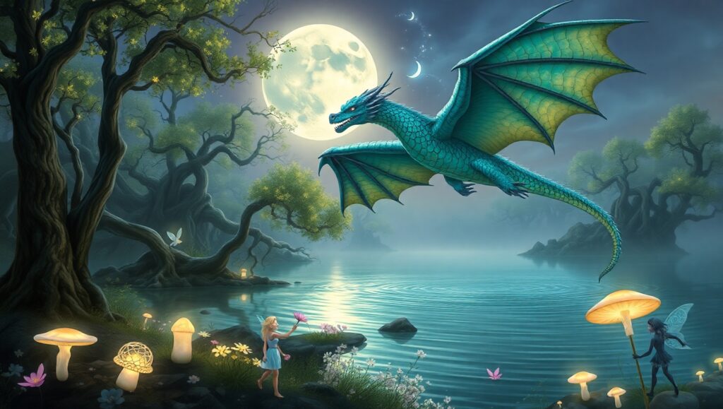 Dragon Over Enchanted Lake – free AI stock image