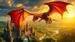 Dragon Over Fantasy Kingdom at Sunset – free AI stock image