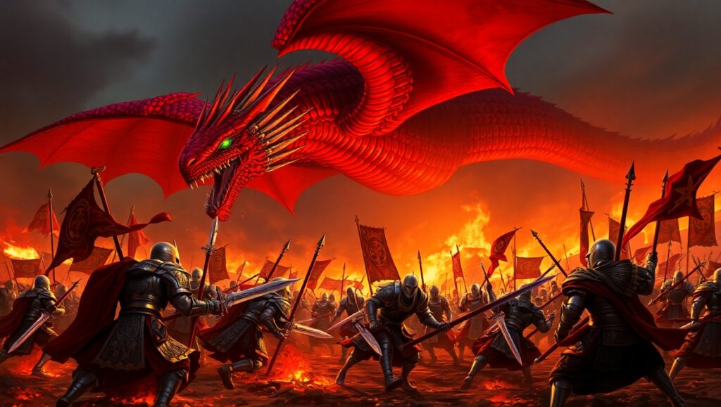 Dragon Over Fiery Battlefield – free AI stock image