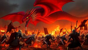 Dragon Over Fiery Battlefield – free AI stock image