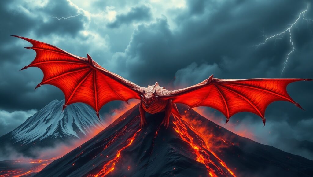 Dragon Over Fiery Volcano – free AI stock image