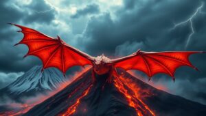 Dragon Over Fiery Volcano – free AI stock image