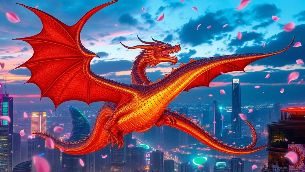 Dragon Over Neon City – free AI stock image