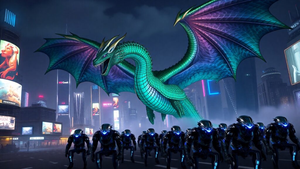 Dragon Over Neon Cityscape – free AI stock image