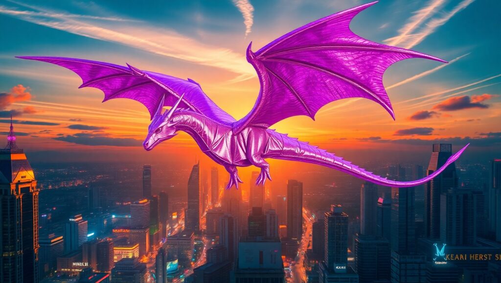 Dragon Over Urban Sunset – free AI stock image