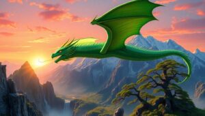 Dragon Soaring Over Ancient Mountains – free AI stock image