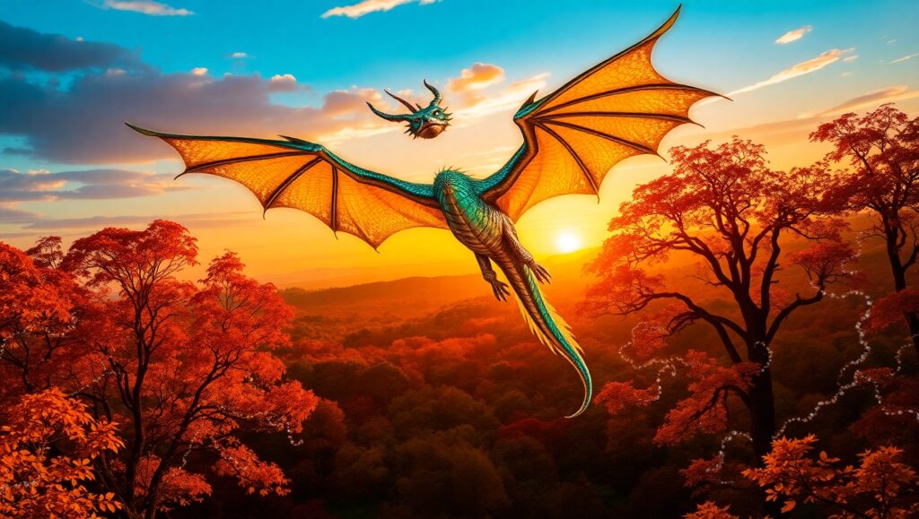 Dragon Soaring Over Glowing Forest – free AI stock image