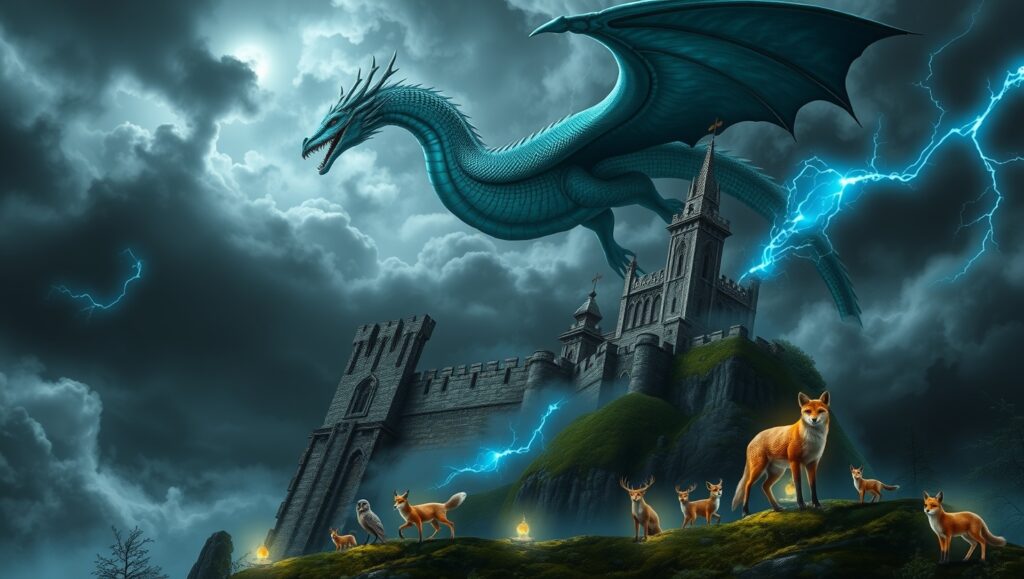 Dragon’s Descent Over Enchanted Castle – free AI stock image