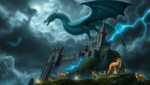 Dragon’s Descent Over Enchanted Castle – free AI stock image