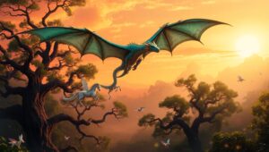 Dragon’s Flight Over Enchanted Woods – free AI stock image